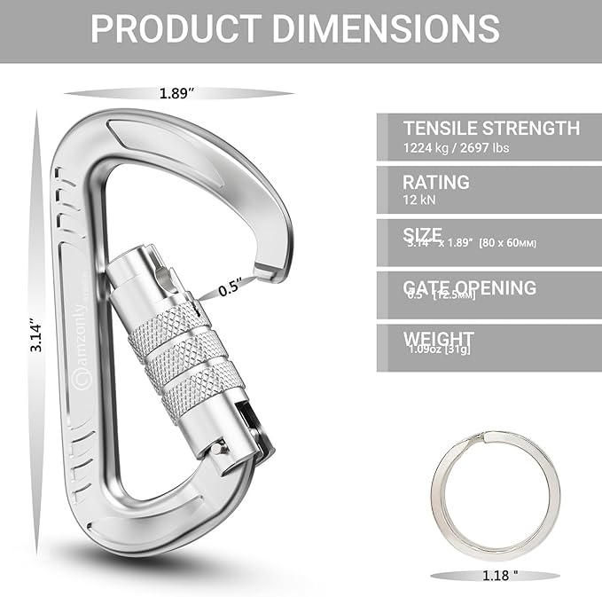 3inch Auto Locking Carabiner Clips Heavy Duty, 12KN /2697lbs Lightweight keychain carabiners, Sturdy Twist Lock Caribeeners for Camping Hiking Hammock Swing Backpack, dog leash and Harness etc