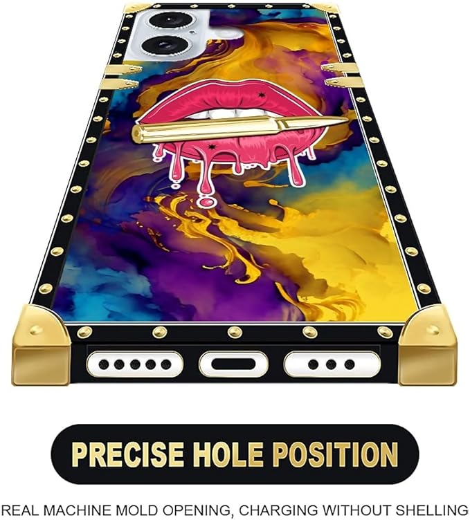 Compatible with iPhone 16 Case, Cool Corlorful Lip Marble Luxury Golden Decoration for Girl Women Soft TPU Shockproof Protective Hard PC Back for iPhone 16