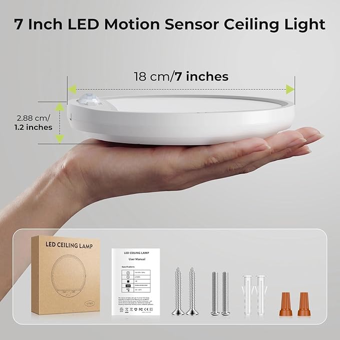 hepside 2 Pack Motion Sensor Ceiling Light Wired, 3000K/4000K/6500K LED Flush Mount Ceiling Light Fixture, 7Inch 15W Motion Sensor Light with Timer for Closet Stair Porch Hallway Pantry,White