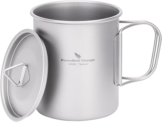 Boundless Voyage Titanium Camping Mug with Lid 300ml 450ml 750ml Lightweight Folding Handle Cup for Outdoor Backpacking Hiking Travel Durable Portable (450ml)