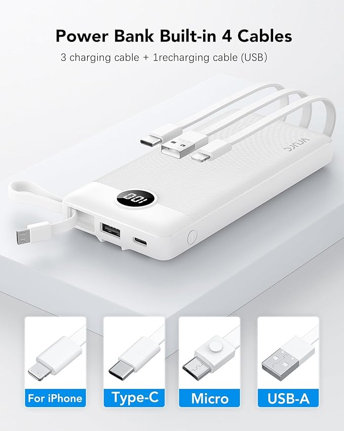 VRURC Portable Charger Power Bank, USB C Battery Pack 10000mAh,5 Outputs 2 Inputs Pocket Travel Charging Bank Built-in Cables for iPhone 17 Pro 17 16 15 14 13,Samsung,Android-White(1 Pack)