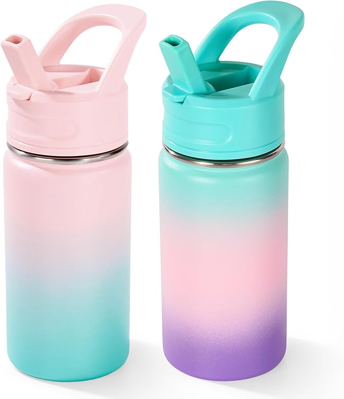 Fijinhom 12oz Water Bottle for School, Water Bottles with Straws, Insulated Water Bottles, Stainless Steel Vacuum Insulated Bottle, Leak-Proof, BPA-Free, Aurora + Bubble Gum