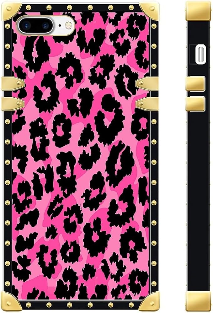 Compatible with iPhone 8 7 SE Case, Pink Black Leopard Luxury Golden Decoration for Girl Women Soft TPU Shockproof Protective Hard PC Back for iPhone 8 7 SE