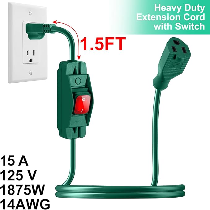 Outdoor Waterproof Extension Cord with Switch - 3 Prong, On/Off Switch with SJTW Extension Cord, Heavy Duty, 125v/250v (3 Ft, Green)