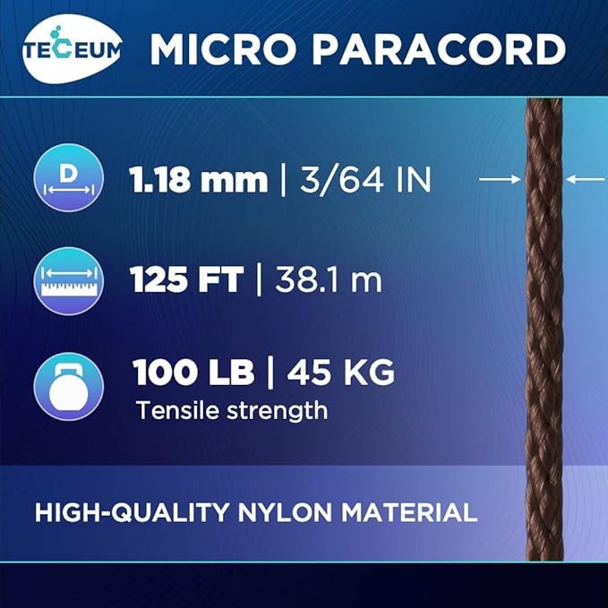 TECEUM Micro Paracord – 1.18 mm X 125 ft – Micro Utility Cord – Thin Braided Paracord Rope – Best for Crafting, DIY Projects, Fishing, Camping – Wind Chime Replacement – Survival Strong String