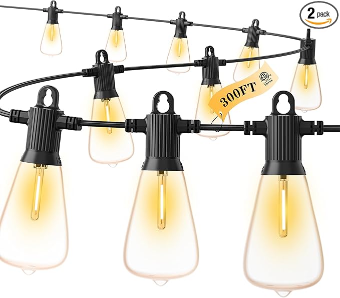 FOOMAN LED Outdoor String Lights, 300FT Outside Waterproof Patio Lights with 146+3 Shatterproof ST38 Edison Bulbs, 2700K Warm White Hanging Light, Dimmable Light for Backyard Porch Gazebo(150FT x 2)
