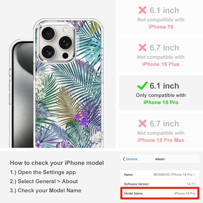 MOSNOVO Case for iPhone 15 Pro, [Buffertech 6.6ft Military-Grade Drop Protection] [Anti Peel Off Tech] Clear TPU Bumper Phone Case Cover Design - Tropical Rainforests