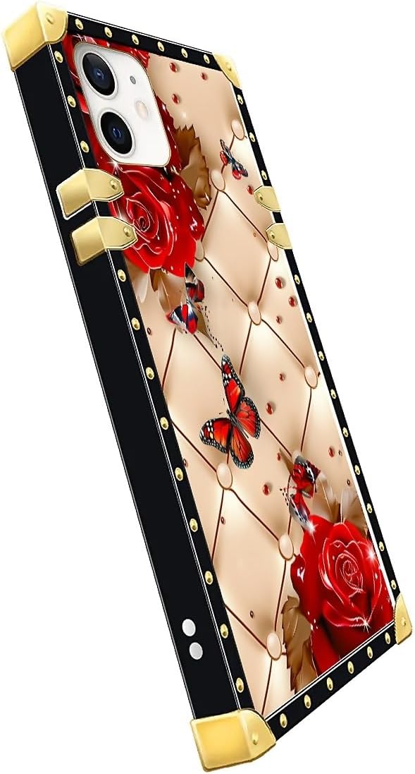 Compatible with iPhone 11 Case, Shining Red Rose Butterfly Leather Background Luxury Golden Decoration for Girl Women Soft TPU Shockproof Protective Hard PC Back for iPhone 11