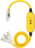 DEWENWILS 6FT Automatic GFCI Extension Cord Outdoor, Heavy Duty 12/3 SJTW Cord with LED Lighted Plug for Leaf Blower, Lawnmower, Weed Whacker, 15A 125V, Yellow, UL Listed