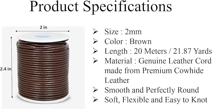 GENIQUE Real/Genuine Round Leather String Cord for Necklace, Bracelets, Jewelry, Kumihimo Braiding, DIY Projects (20 Metres) (2mm, Brown)