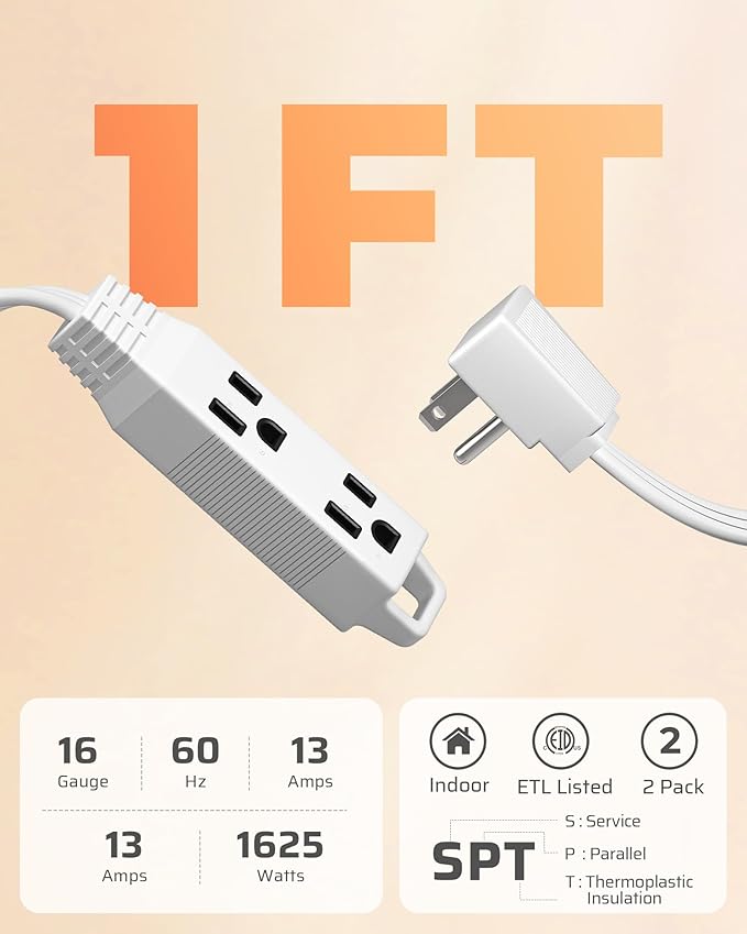 DEWENWILS 3 Outlet Extension Cord with Flat Plug Christmas, 1FT 16/3 Awg Grounded Power Cable for Indoor Use, SPT-3 Cord, White, ETL Listed, 2 Pack