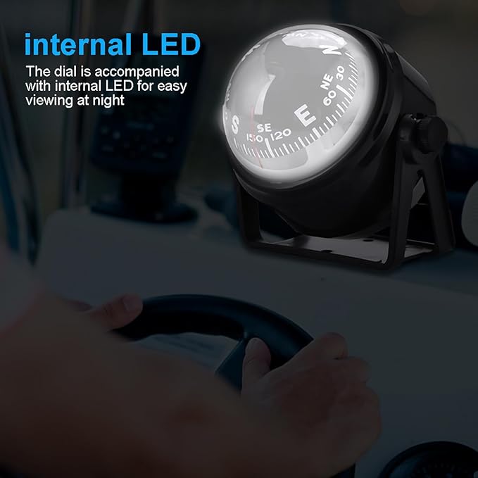 Car Compass Marine Dash Mount, LED Boat Compasses with Adjustable Mounting Bracket, Outdoor Marine Compass for Boats Cars 3.4 x 2.9 x 2.4IN