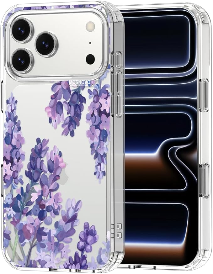 MOSNOVO for iPhone 17 Pro Max Case | Military Grade 6.6ft Drop Tested | Camera Control | Clear with Lavender Design