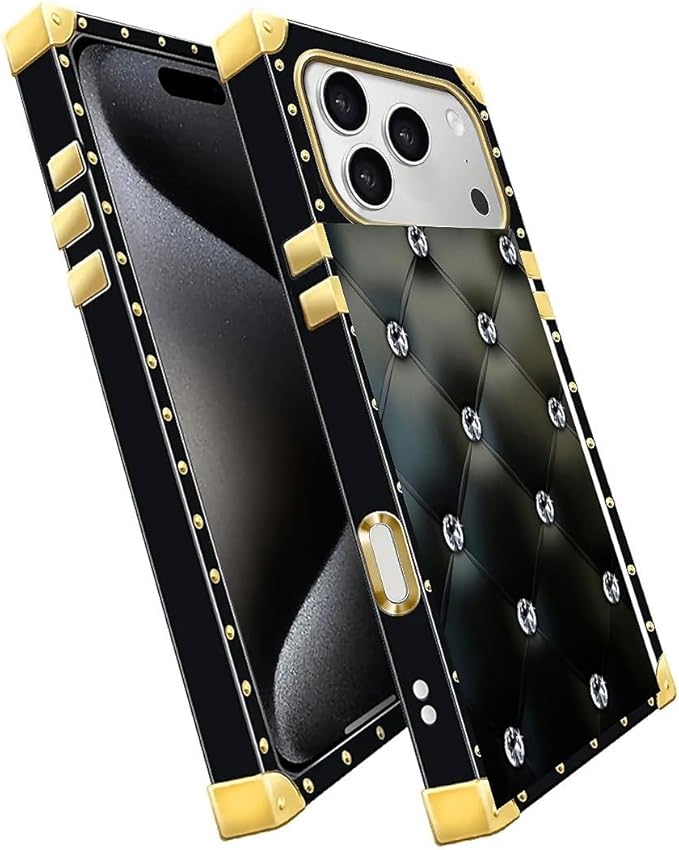 for iPhone 17 Pro Max Case Luxury Golden Decoration for Girl Women Soft TPU Shockproof Protective Hard PC Back for iPhone 17 Pro Max Crazy Pattern Shiny Black Sofa Crystal