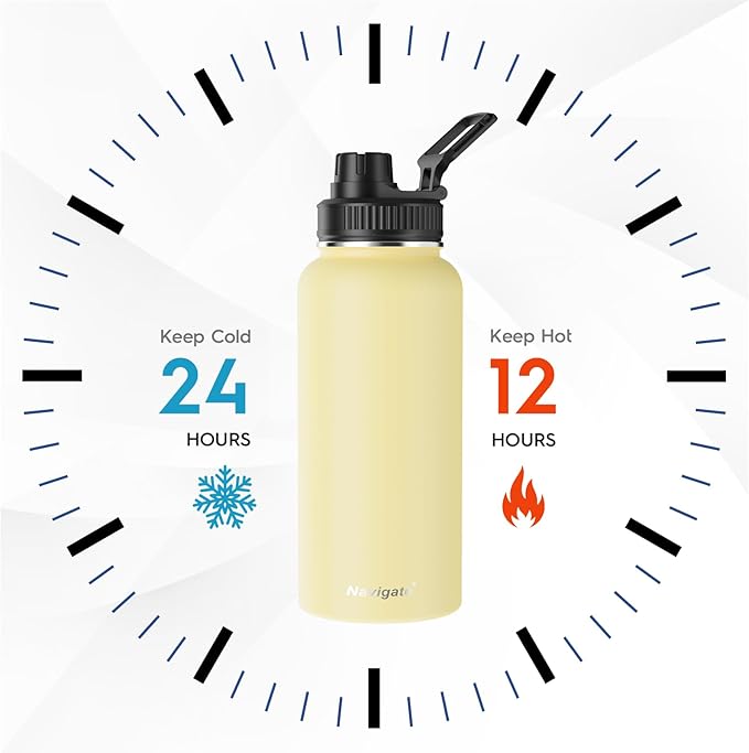 Navigate 32 oz Insulated Stainless Steel Sports Water Bottle with Spout & Handle Lids,Wide Mouth Water Jug with Double Walled Leak Proof Keep Cold for 24 Hrs Hot for 12 Hrs,Faint Yellow