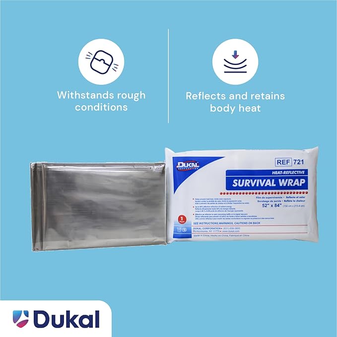 Dukal 721 Emergency Survival Blanket Mylar Wrap | Thermal Properties, Convenient Storage | Protection Against Wind, Rain, Sun | Diverse Functionality for Outdoor Enthusiasts & Responders | Pack of 1