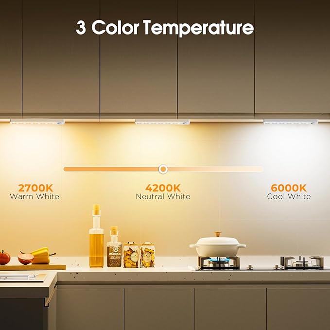 Under Cabinet Rechargeable Dimmable Lighting: 3 Color Temperature Motion Sensor Lights Indoor - Battery Operated Lights - Activated Closet Magnetic Wireless Led Light for Kitchen Home Bathroom 4 Pack