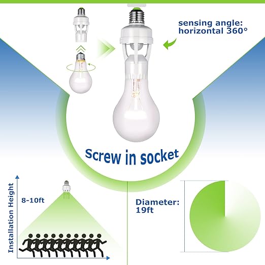 Hortsun 3 Pieces Hortsun Motion Sensor Light Socket Smart Screw in Light Bulb Outlet Compatible with E26/e27 Motion Activated Bulb Holder Adapter Automatic Control for Garage Storage Room