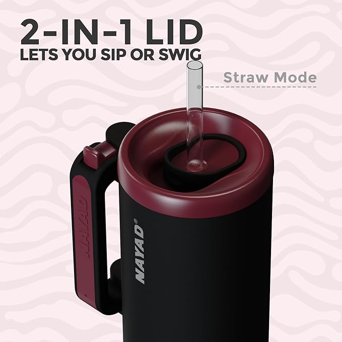 NAYAD 40oz Travel Tumbler with Handle and Straw|Cup Holder Friendly Insulated Stainless Steel Dual Straw-Sip Lid Folding Handle Cupholder Compatible for Travel or Gift| BPA-Free (Black)