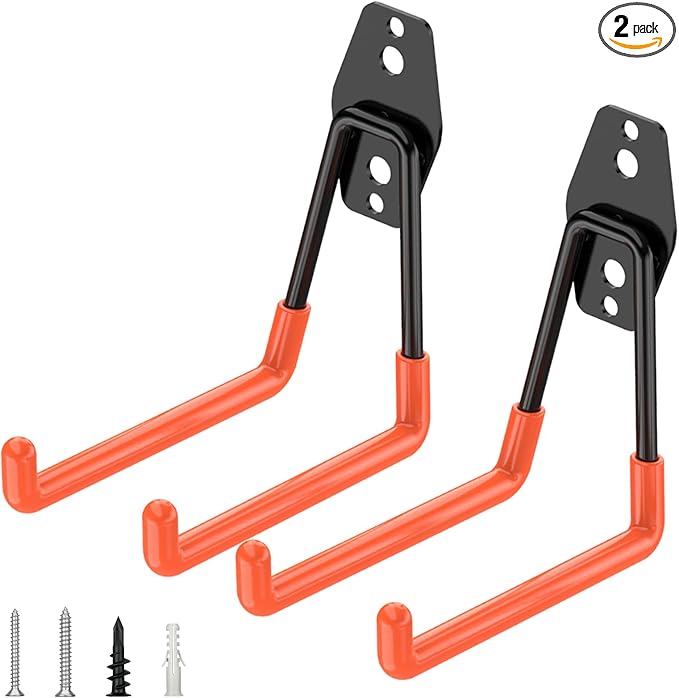 TICONN 2 Pack Heavy Duty Garage Hooks, Steel Utility Wall Storage Hooks, Wall Mount Hanger Organizer for Ladders, Bikes, Tools, Bulky Items (Medium, Orange Square)