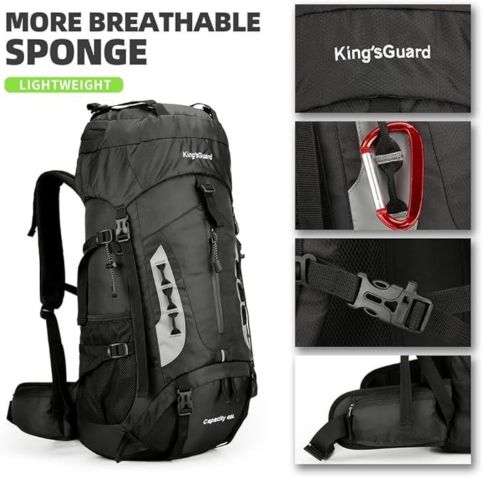 King'sGuard 60L Hiking Backpack for Men and Women Lightweight Camping Hiking Backpack with Rain Cover Large Waterproof Travel Backpack Backpacking Pack (Black)
