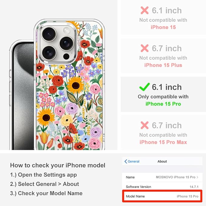 MOSNOVO Case for iPhone 15 Pro, [Buffertech 6.6ft Military-Grade Drop Protection] [Anti Peel Off Tech] Clear TPU Bumper Phone Case Cover Design - Blossom & Bloom