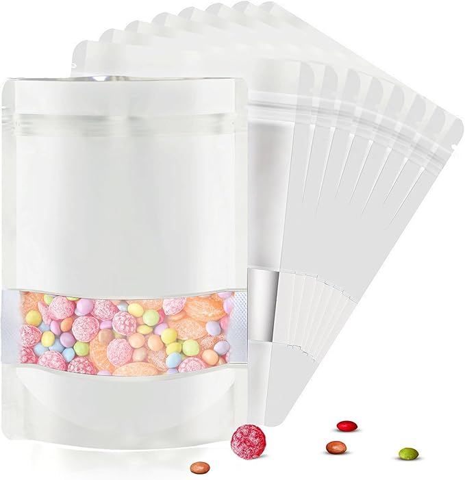 4.7"x7.8" 120pcs Mylar Bags for Food Storage,Smell Proof Bag with Matte Window Resealable Food Storage Bags for Small Business, Stand-up Foil Pouch Packaging Freeze Dried Candy Bag(White)