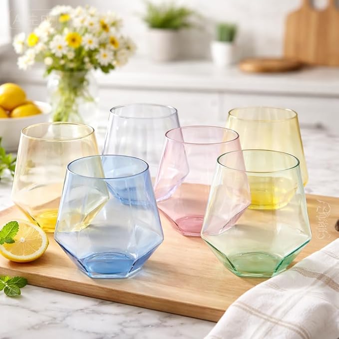 Oojami 40 Pack Diamond Plastic Wine Glasses 12oz Gold Rim Stemless Disposable - Shatterproof Champagne Cocktail Whiskey Cups for Parties, Weddings, Events, BPA-Free