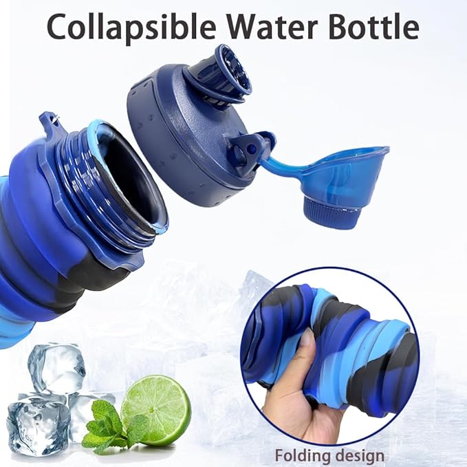 Silicone Collapsible Water Bottles, 16oz（500ml） Portable Foldable Expandable Water Bottle Sports Cups, Leak Proof Reusable BPA Free, for Outdoor Activities (Blue)