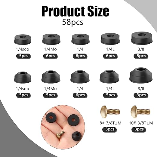 58 Pack Faucet Washer Assortment Kit - Flat and Beveled Rubber Faucet Washers for Repairing Leaks