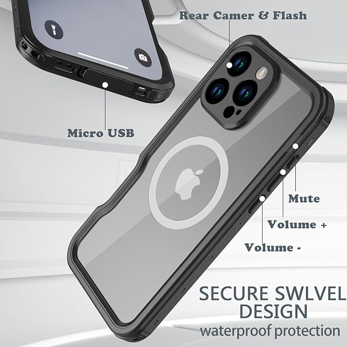 for iPhone 16 Pro Max Case Waterproof, [Shockproof] [Dustproof] [IP68 Waterproof] Full-Body Hard Case Built-in [Lens Screen Protection] for Diving Case (Black, for iPhone 16 Por Max 6.9in)