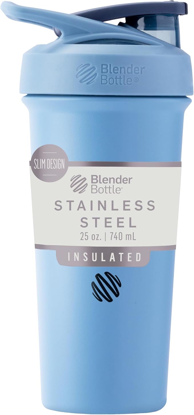 BlenderBottle Sport Sleek Insulated Stainless Steel Shaker Bottle with Wire Whisk, 25-Ounce, Dusty Blue – Protein Shakes & Hydration for Athletes & Fitness Enthusiasts, Easy Mixing, Slim Easy to Hold, Keeps Drinks Cold, Lockable Lid | Sleek, Insulated,...
