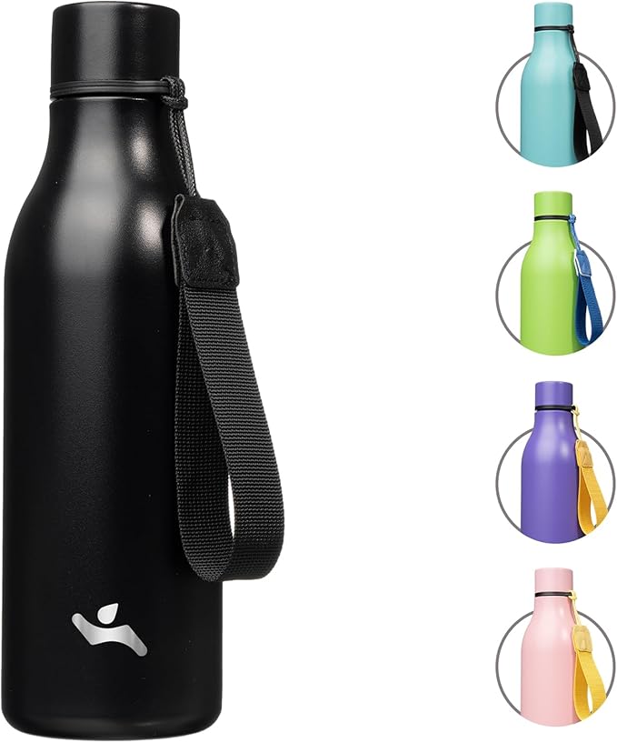 Konokyo Insulated Water Bottle with Strap,18 oz Double Wall Stainless Steel Vacuum Bottles Metal Water Flask,Black