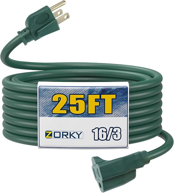 25ft Outdoor Extension Cord - 16/3 Heavy Duty SJTW Waterproof Green Electrical Cable with 3 Prong Grounded Plug for Safety, Great for Lawn and Major Appliances