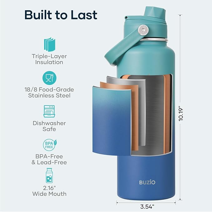 BUZIO 40 oz Insulated Water Bottle, Triple Wall Vacuum Stainless Steel Water Flask with 2 lids, Lead-Free BPA-Free Straw Lid Sports Canteen Jug, Cold 48H & Hot 24H, Gradient Cyan