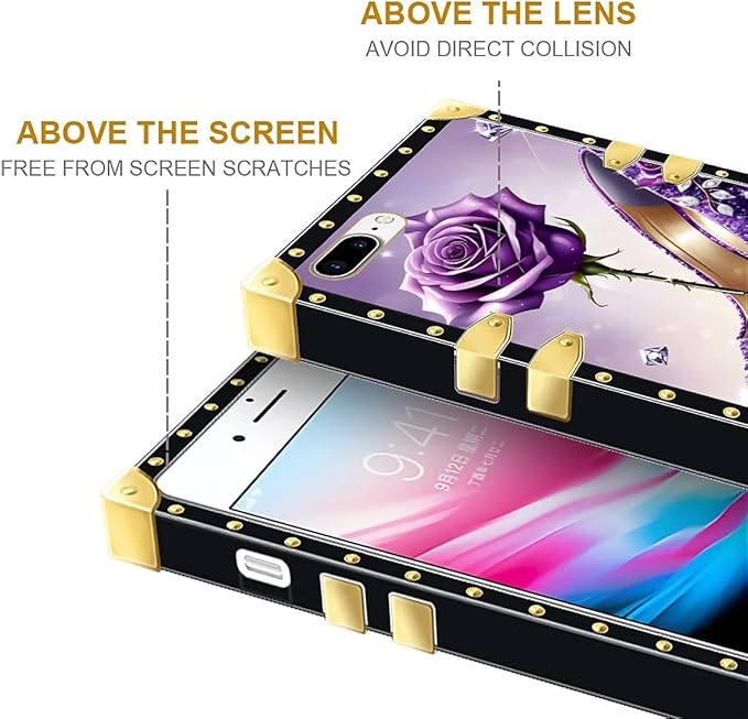 Compatible with iPhone 8 7 SE Case, High Heeled Purple Diamond Rose Luxury Golden Decoration for Girl Women Soft TPU Shockproof Protective Hard PC Back for iPhone 8 7 SE