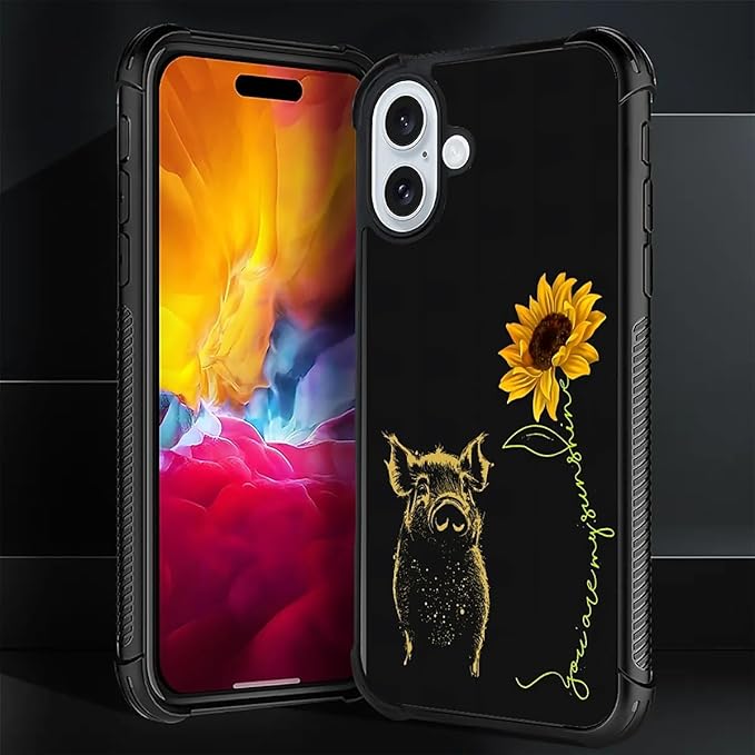 for iPhone 16 Case, Pig Sunflower Yellow Sunshine Pattern Graphic Design Girl Boy Soft Silicone Hard Acrylic Shock Protection for iPhone 16
