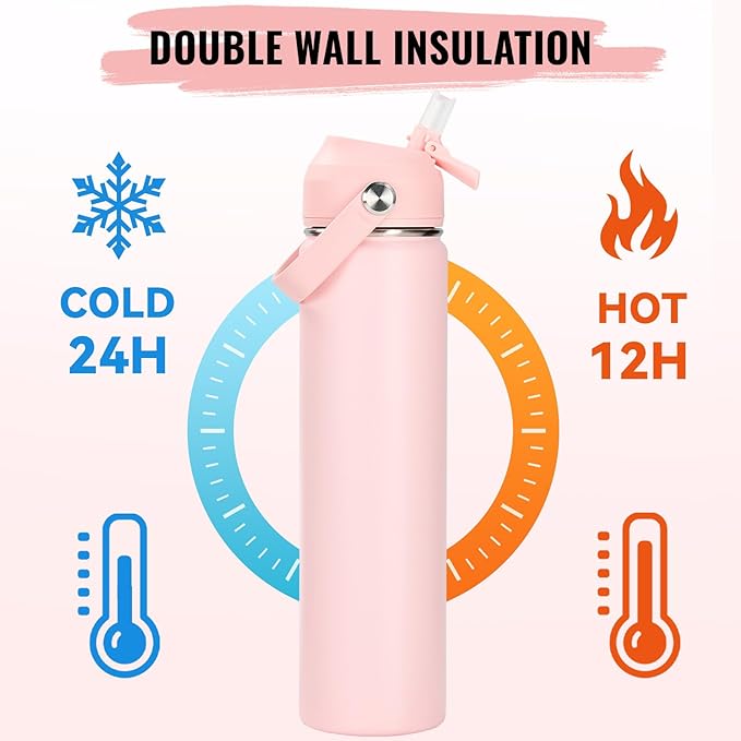 Fijinhom 24oz Insulated Stainless Steel Water Bottle, Wide Mouth Double Wall Vacuum, Silicone Straw, Sweat & Leak Proof, BPA Free Insulated Water Flask for Travel, Keep Cold 24h Hot 12h, Coral Pink