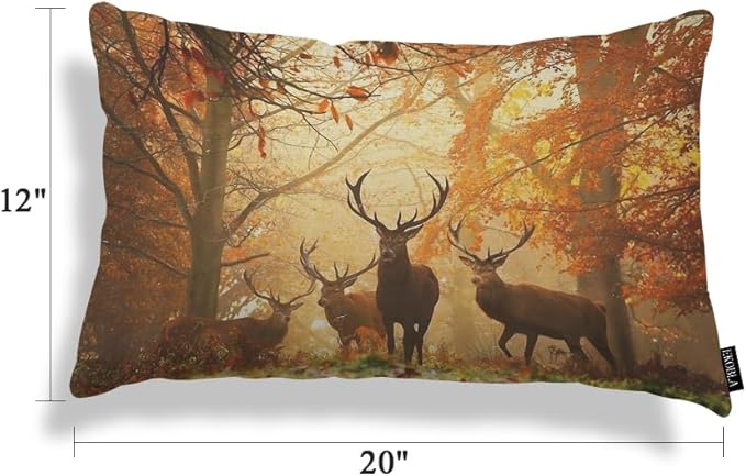 EKOBLA Decorative Lumber Cushion Case Deers Herd of Deer Stand Among The Fall Colors Jungle Trees Autumn Waist Lumbar Cotton Linen Throw Pillow Cases Cushion Cover Rectangular 12x20 Inches