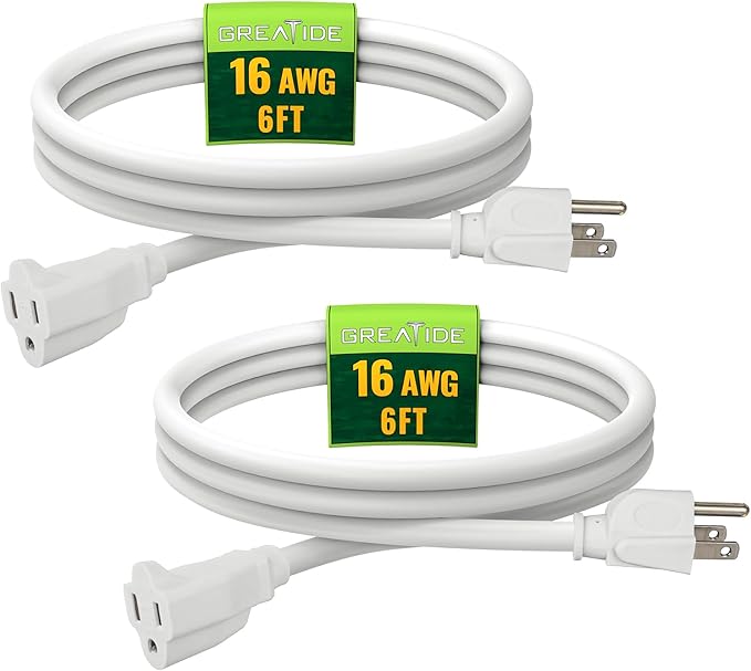 Indoor Outdoor Extension Cord 6 FT, 16/3 SJTW Weatherproof Grey Electrical Cords, 13 AMP Heavy Duty 3 Prong Power Cable Great for Garden, Landscaping & Holiday Decorations, 2 Pack