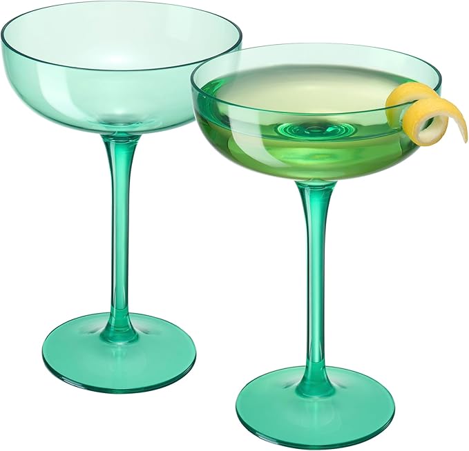 Acrylic Shatterproof Martini, Margarita, Champagne & Cocktail Unbreakable Glasses | Set of 2 | Large Plastic Coupe Glasses 15oz, Tritan Drinkware, BPA-free, Reusable, Pool, Indoor & Outdoor (Green)