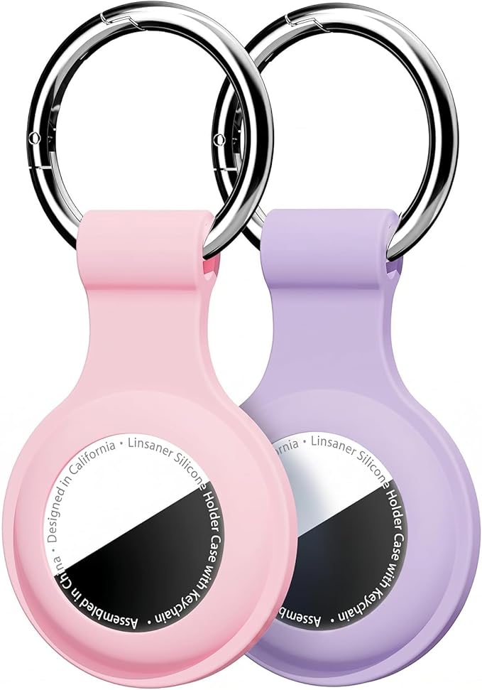Linsaner [2 Pack] Case for AirTag 2nd Gen (2026) & 1st Gen, Silicone Holder Keychain Key Ring, Protective Cover for Air Tags, GPS Finder Accessories for Bags, Pets, Kids, Luggage, Pink+Purple