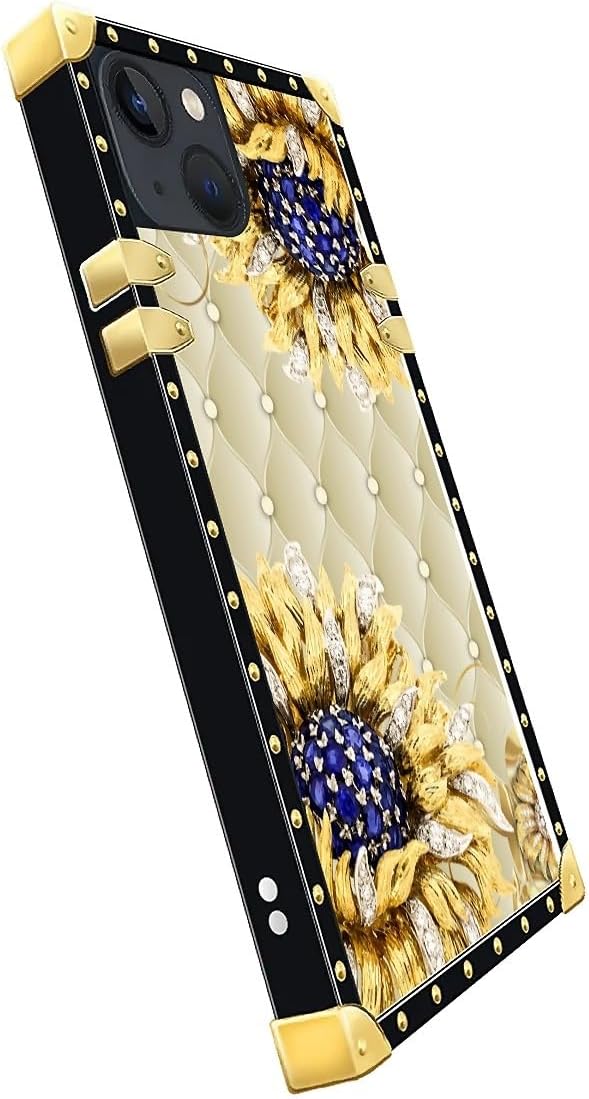 Compatible with iPhone 14 Case, Sunflower Diamonds Leather Luxury Golden Decoration for Girl Women Soft TPU Shockproof Protective Hard PC Back for iPhone 14