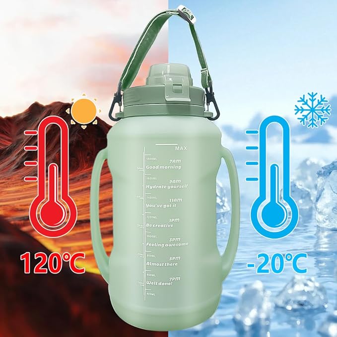 64oz Foldable Silicone Water Bottle with Straw, BPA-Free Motivational Time Marker, Leakproof Collapsible Water Jug with Handle for Gym, Sports, Camping & Outdoor Activities (Green)