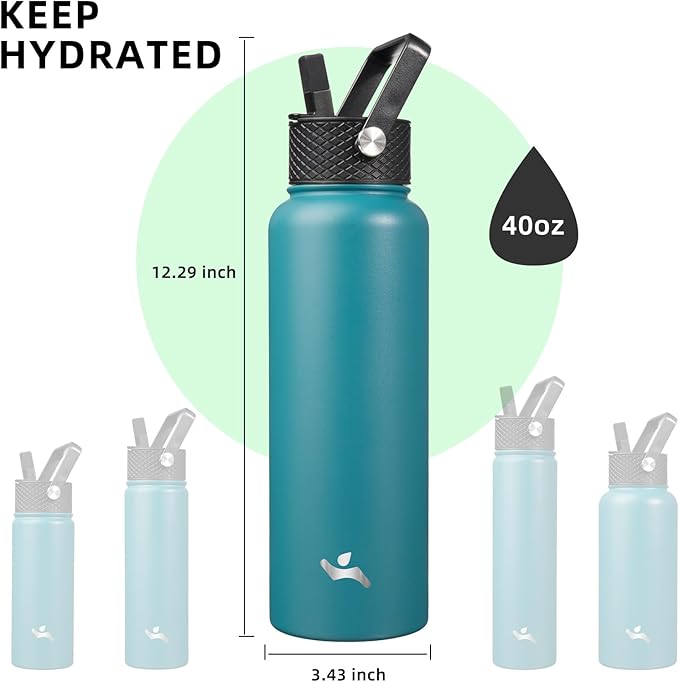 Konokyo 40oz Insulated Water Bottle Stainless Steel Sport Bottles with 3 Lids,Light Blue