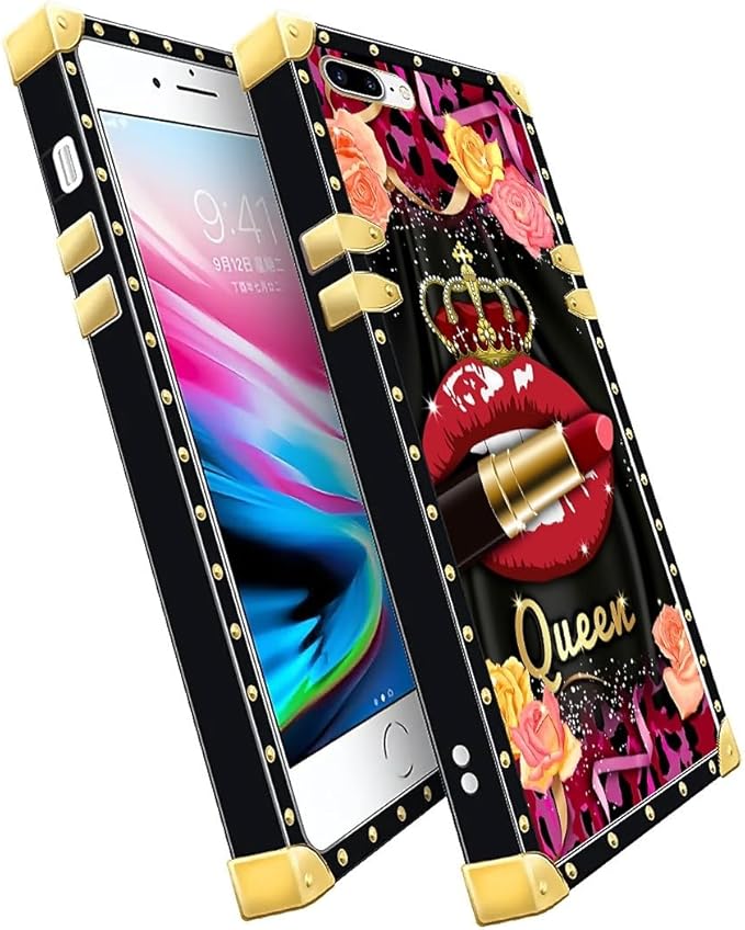 Compatible with iPhone 8 7 SE Case, Queen Lip Crown Leopard Print Luxury Golden Decoration for Girl Women Soft TPU Shockproof Protective Hard PC Back for iPhone 8 7 SE
