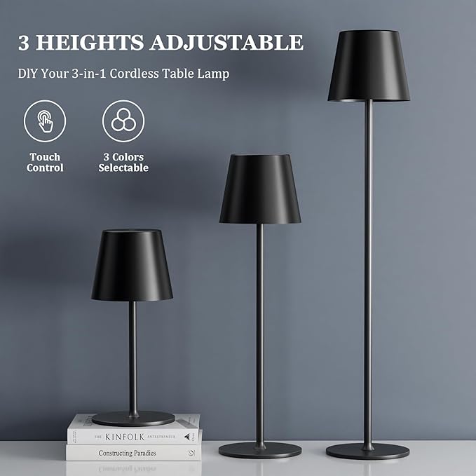 Kakanuo 20" Cordless Table Lamp Rechargeable Black - 2 Pack 5000mAH Battery Operated Lamp for Counter, 3 Color Stepless Dimming Wireless Lamp for Dining Kitchen, Outdoor Patio, Touch Control