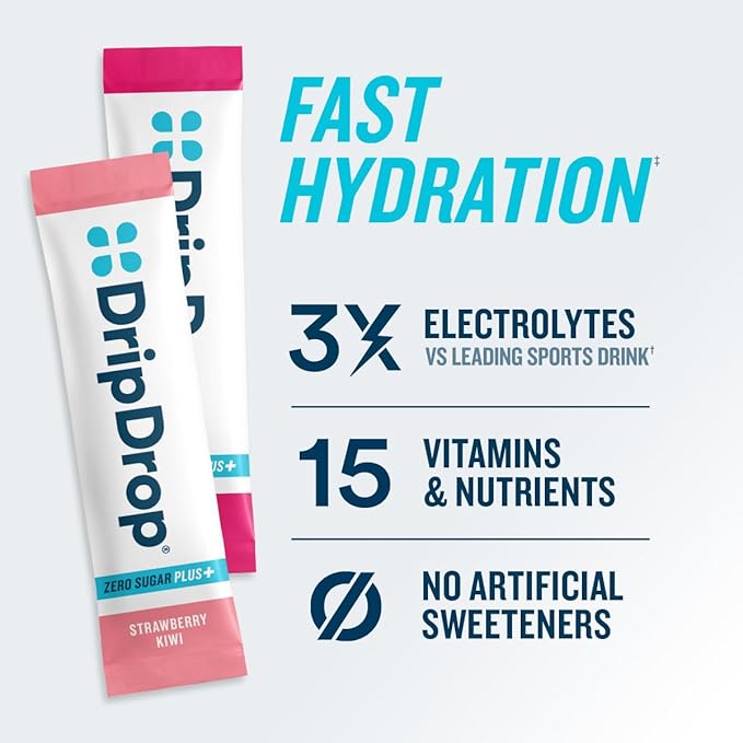 DripDrop Zero Sugar Plus - Sugar Free Hydration Packets - Single Serve Electrolytes Powder Drink Mix - Strawberry Kiwi, Peach, Cherry Limeade, Wild Berry - Non-GMO, Vegan - 16 Sticks