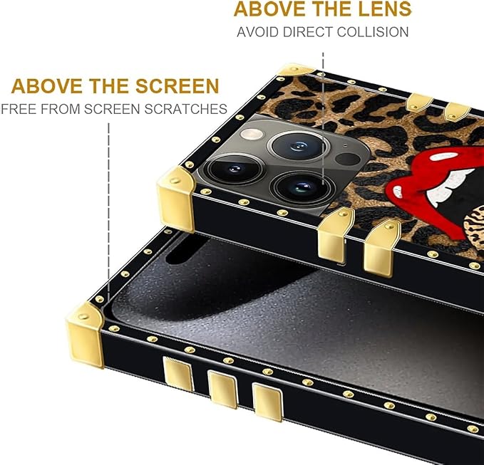 Compatible with iPhone 16 Pro Case, Brown Leopard Print Mouth Luxury Golden Decoration for Girl Women Soft TPU Shockproof Protective Hard PC Back for iPhone 16 Pro