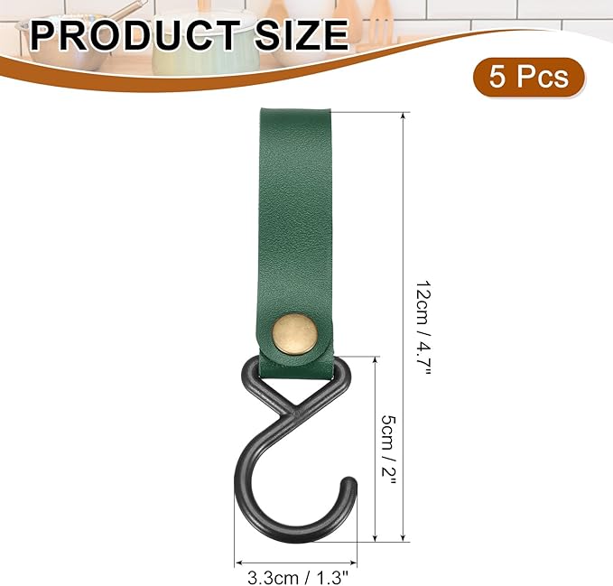 uxcell 5pcs PU Leather Hooks, S-Shape Hooks for Outdoor Camping Hanging Pots Pans Utensils Dark Green